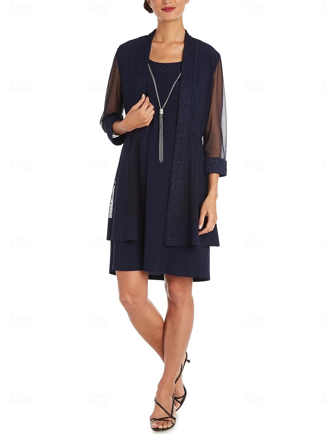 Buyishang Sheath / Column Dress Suit Mother of the Bride Dress Elegant Vintage Jewel Neck Knee Length Chiffon 3/4 Length Sleeve Jacket Dresses with Sash / Ribbon Solid Color